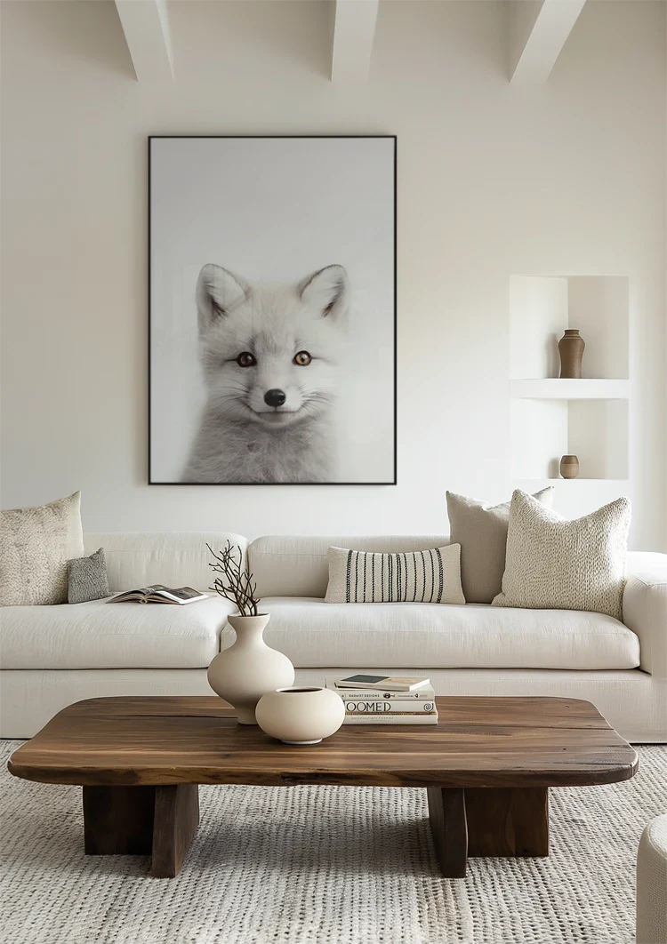 Weißer Fuchs Zwei Farbige Augen Weiches Fell Porträt Minimalistisches Gemälde
