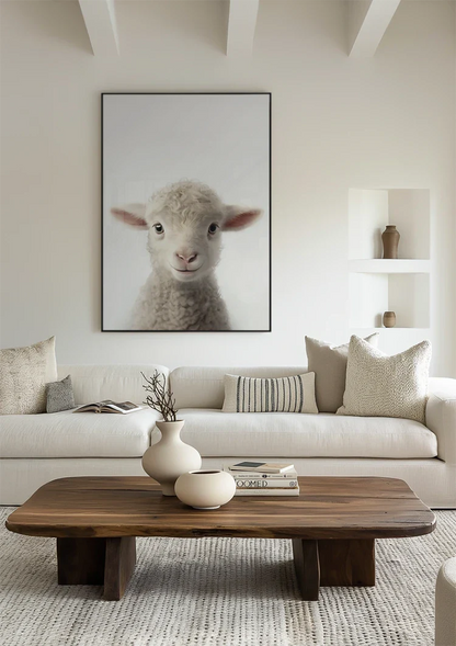 Niedliches Lamm Lockige Wolle Rosa Ohren Weiß Porträt Minimalistisches Gemälde