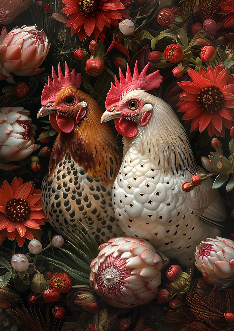 Twee Kippen Tussen Rode Bloemen Botanisch Portret Schilderij