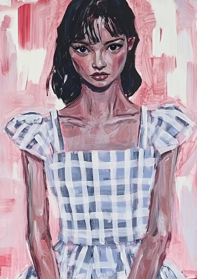 Girl in Blue Plaid Dress Pink Background Portrait Painting