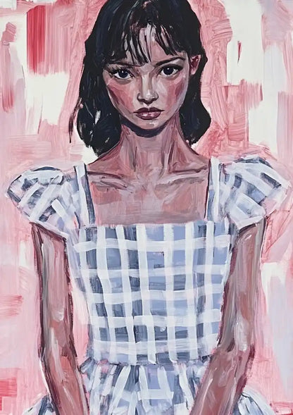 Girl in Blue Plaid Dress Pink Background Portrait Painting