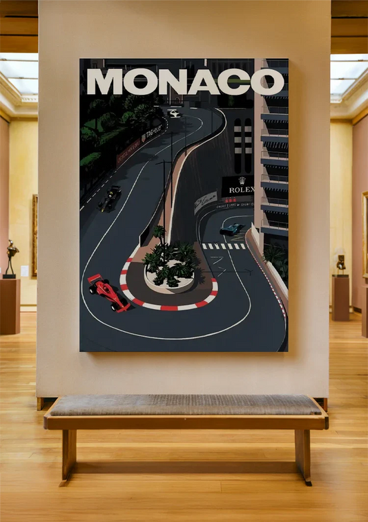 Monaco Circuit mit einem Rennwagen Leinwandbild an der Wand im Flur