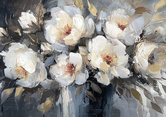 Witte bloemen canvas schilderij met gouden accenten op grijsblauwe achtergrond