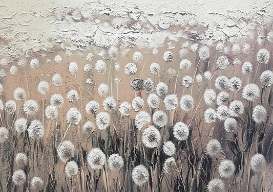 Veld vol paardenbloemen canvas schilderij in dromerige beige tinten