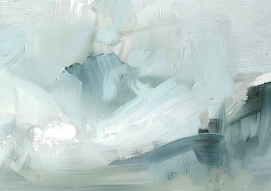 Mistig abstract canvas schilderij in rustige tinten grijs, blauw en wit