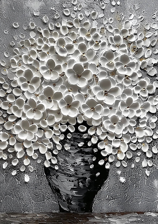 Witte bloemen in een vaas canvas schilderij, sculpturaal reliëfeffect