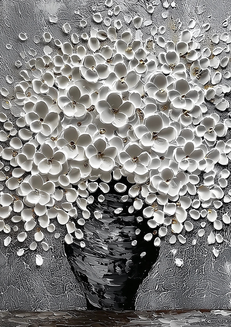 Weiße 3D-Blumen-Vase Skulpturartiges Impasto-Relief Monochromes Gemälde