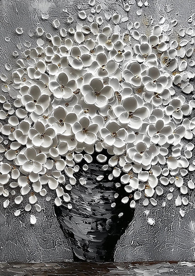 Weiße 3D Blumen Vase Skulpturales Impasto Relief Monochromes Leinwandbild