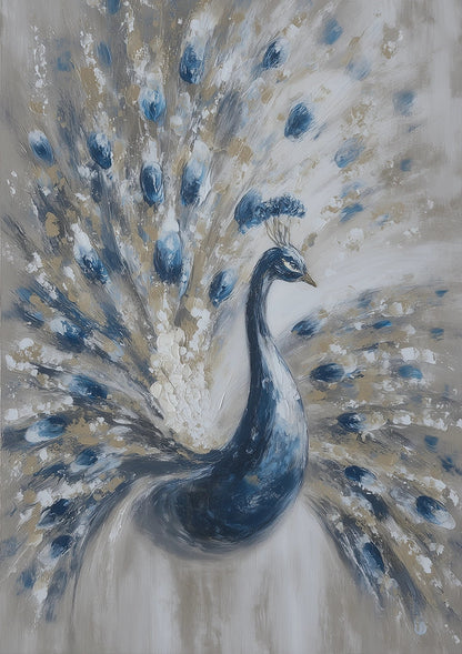Elegante Blauwe Pauw Gespreide Staart Wit Goud Sierlijk Vogel Schilderij