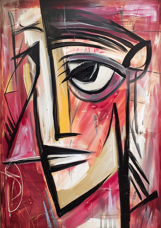 Kubistisch portret canvas schilderij in rood en zwart, moderne stijl