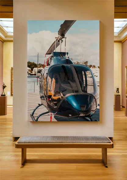 Shiny Helicopter on Wooden Dock by Calm Water Painting