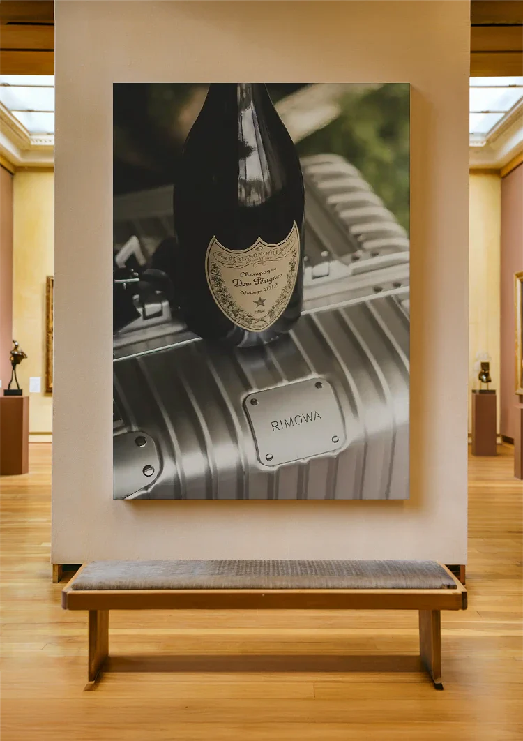 Silver RIMOWA Suitcase with Champagne Bottle Luxury Painting