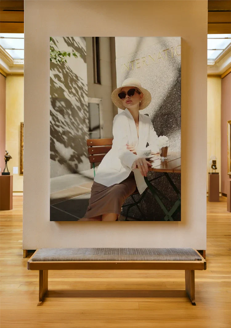 Elegant Lady in White Outfit on Terrace with Sunglasses Painting