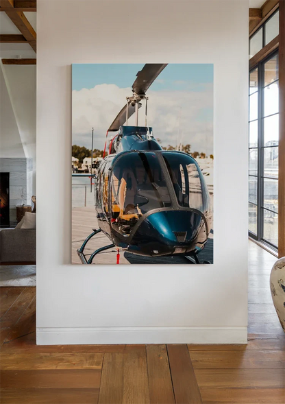 Shiny Helicopter on Wooden Dock by Calm Water Painting