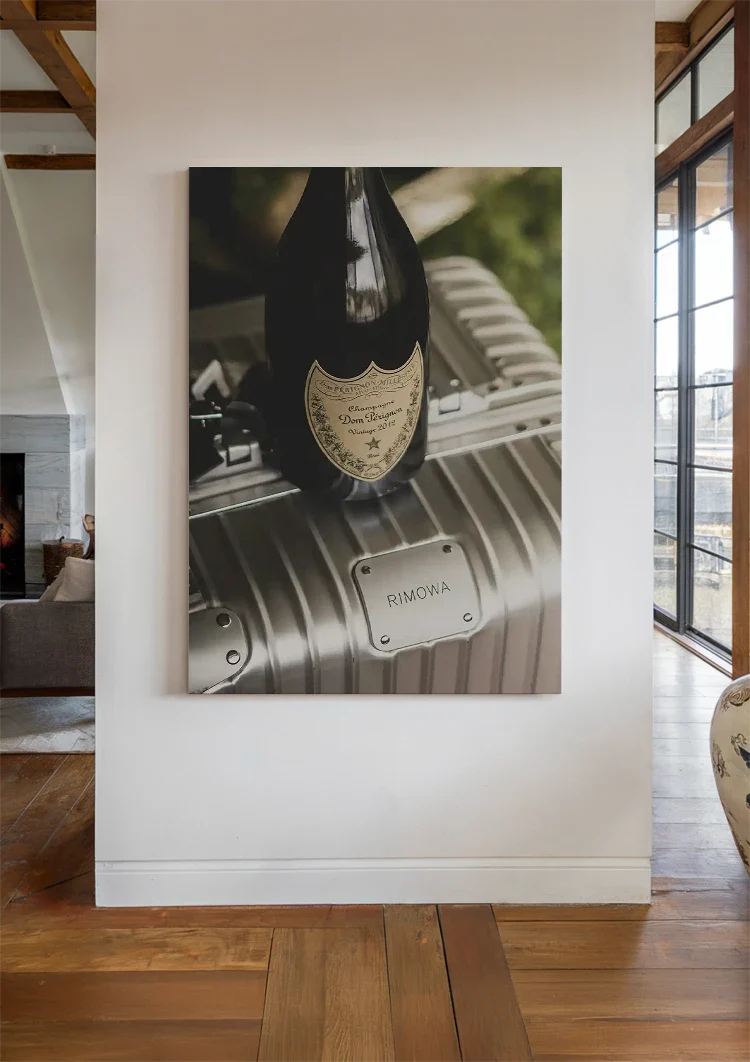 Silver RIMOWA Suitcase with Champagne Bottle Luxury Painting