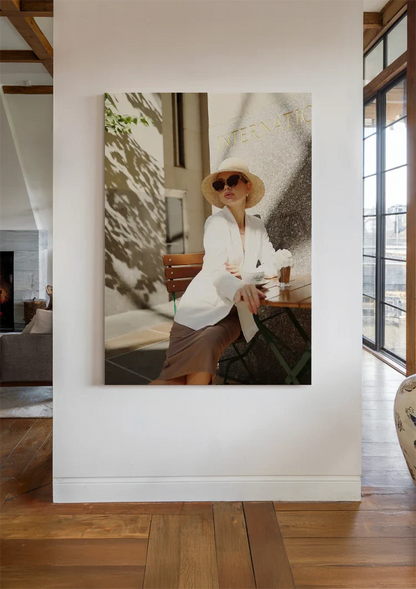 Elegant Lady in White Outfit on Terrace with Sunglasses Painting