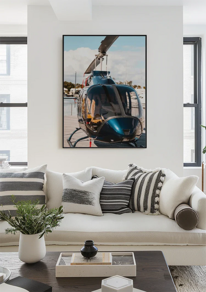 Shiny Helicopter on Wooden Dock by Calm Water Painting