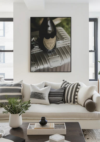 Silver RIMOWA Suitcase with Champagne Bottle Luxury Painting