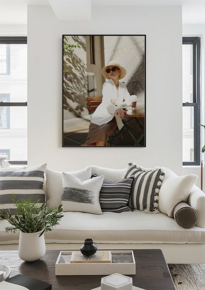 Elegant Lady in White Outfit on Terrace with Sunglasses Painting