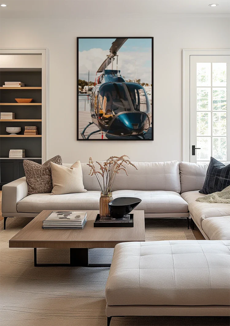 Shiny Helicopter on Wooden Dock by Calm Water Painting