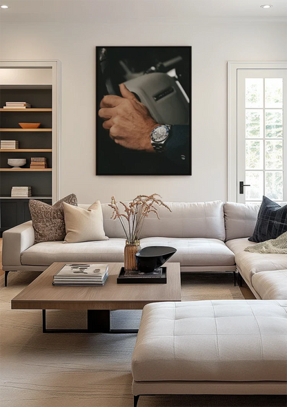 Businessman Hand on Steering Wheel with Luxury Watch Close-up Painting