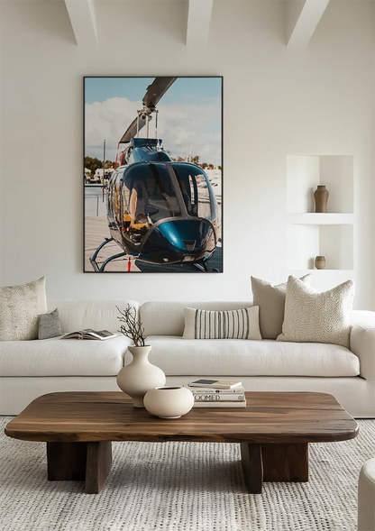 Shiny Helicopter on Wooden Dock by Calm Water Painting