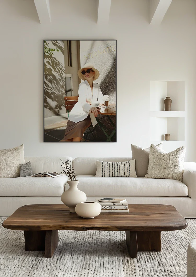 Elegant Lady in White Outfit on Terrace with Sunglasses Painting