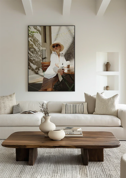 Elegant Lady in White Outfit on Terrace with Sunglasses Painting