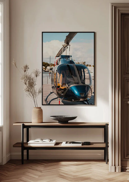 Shiny Helicopter on Wooden Dock by Calm Water Painting