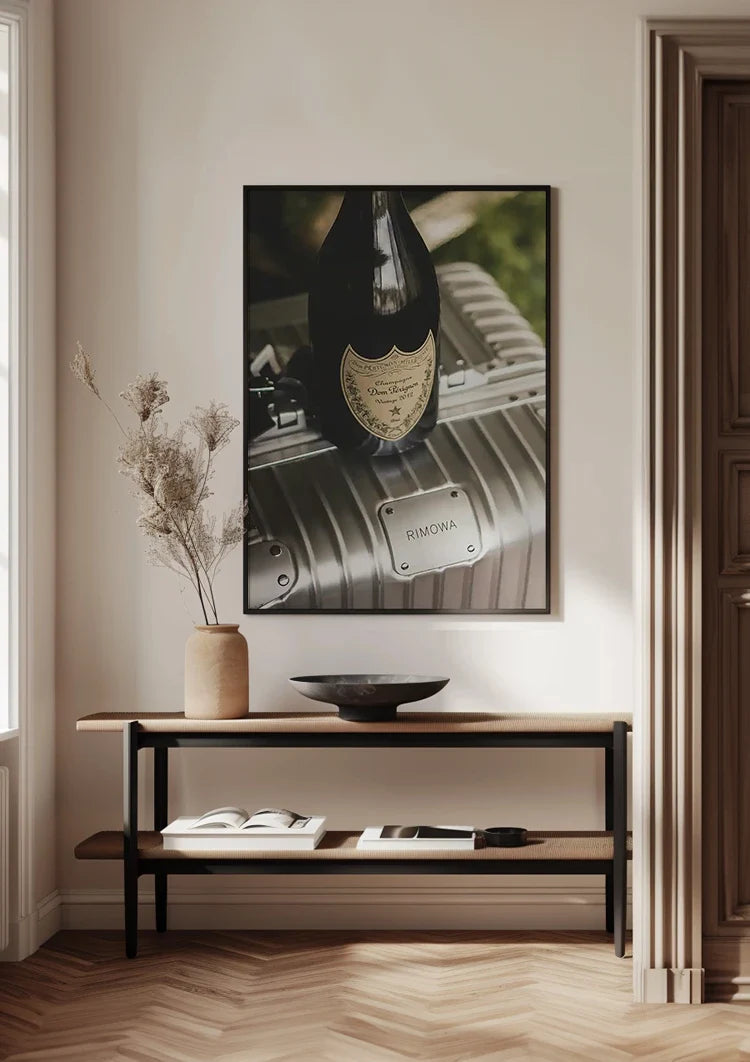 Silver RIMOWA Suitcase with Champagne Bottle Luxury Painting