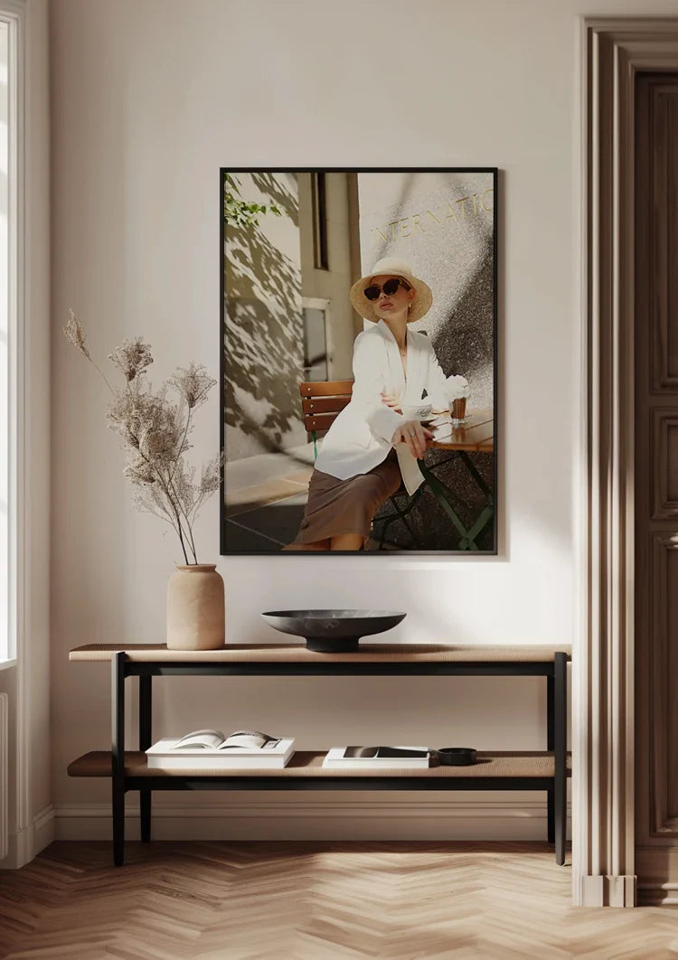 Elegant Lady in White Outfit on Terrace with Sunglasses Painting