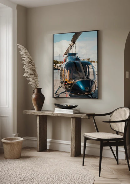 Shiny Helicopter on Wooden Dock by Calm Water Painting