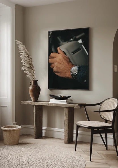 Businessman Hand on Steering Wheel with Luxury Watch Close-up Painting