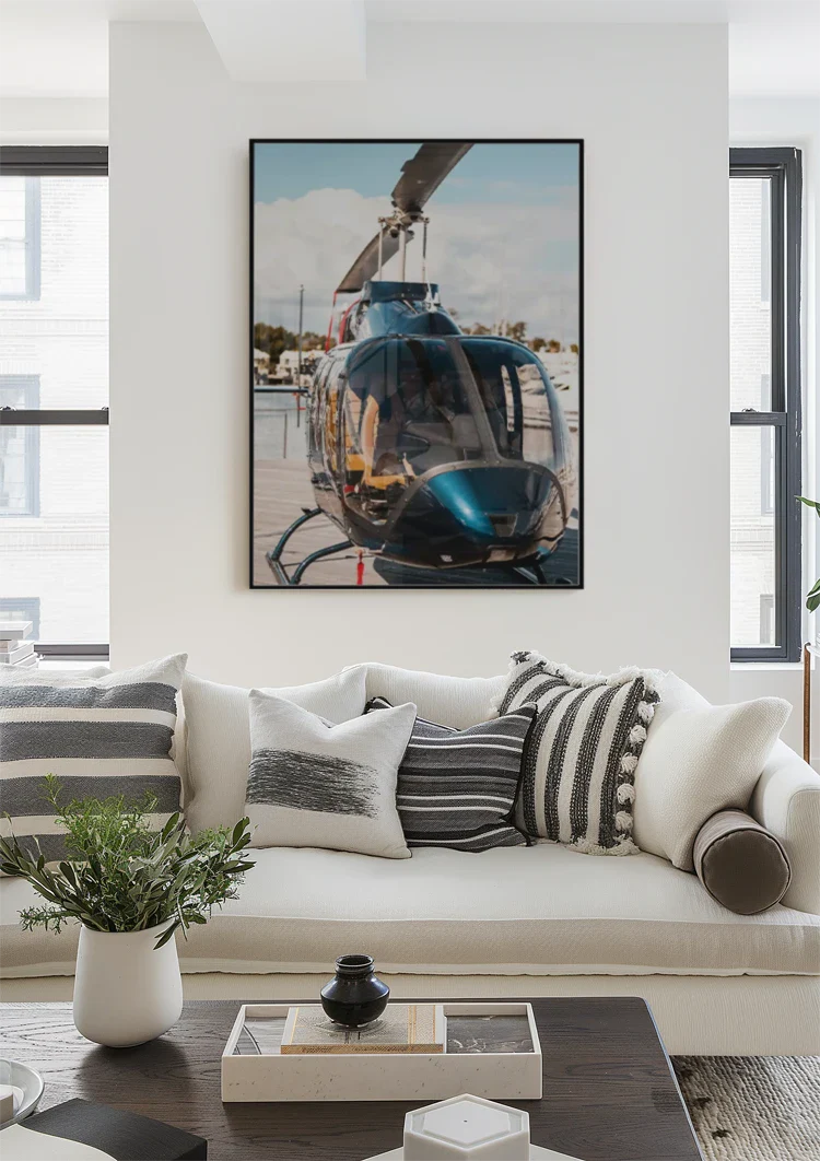 Shiny Helicopter on Wooden Dock by Calm Water Painting