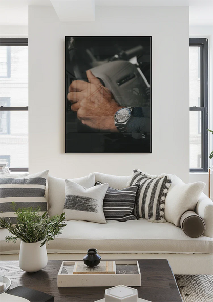 Businessman Hand on Steering Wheel with Luxury Watch Close-up Painting