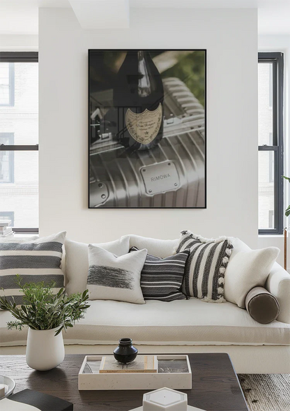 Silver RIMOWA Suitcase with Champagne Bottle Luxury Painting