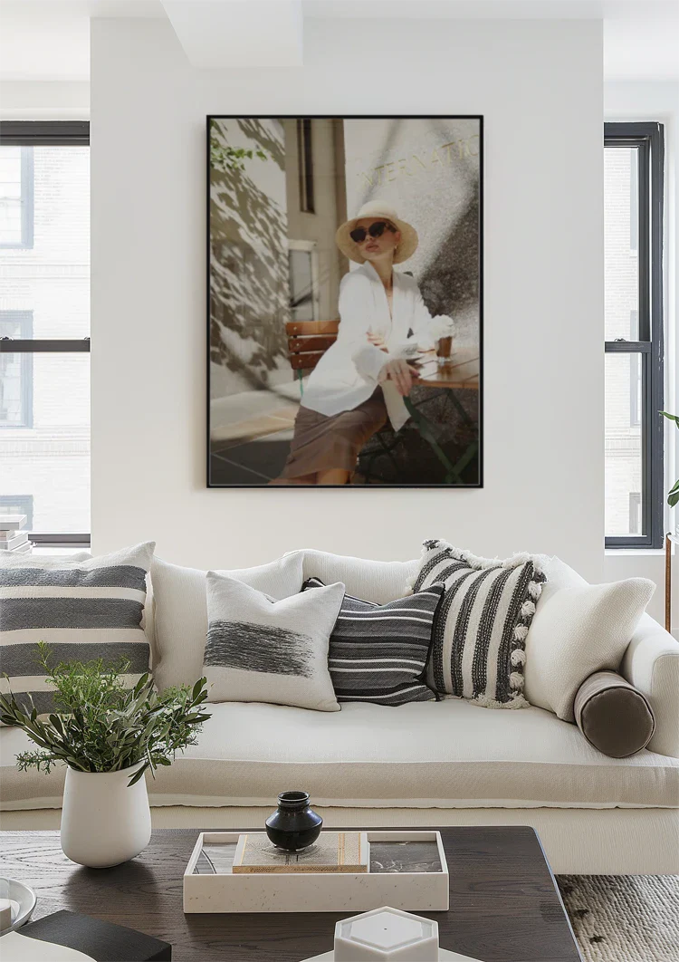 Elegant Lady in White Outfit on Terrace with Sunglasses Painting