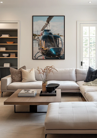 Shiny Helicopter on Wooden Dock by Calm Water Painting