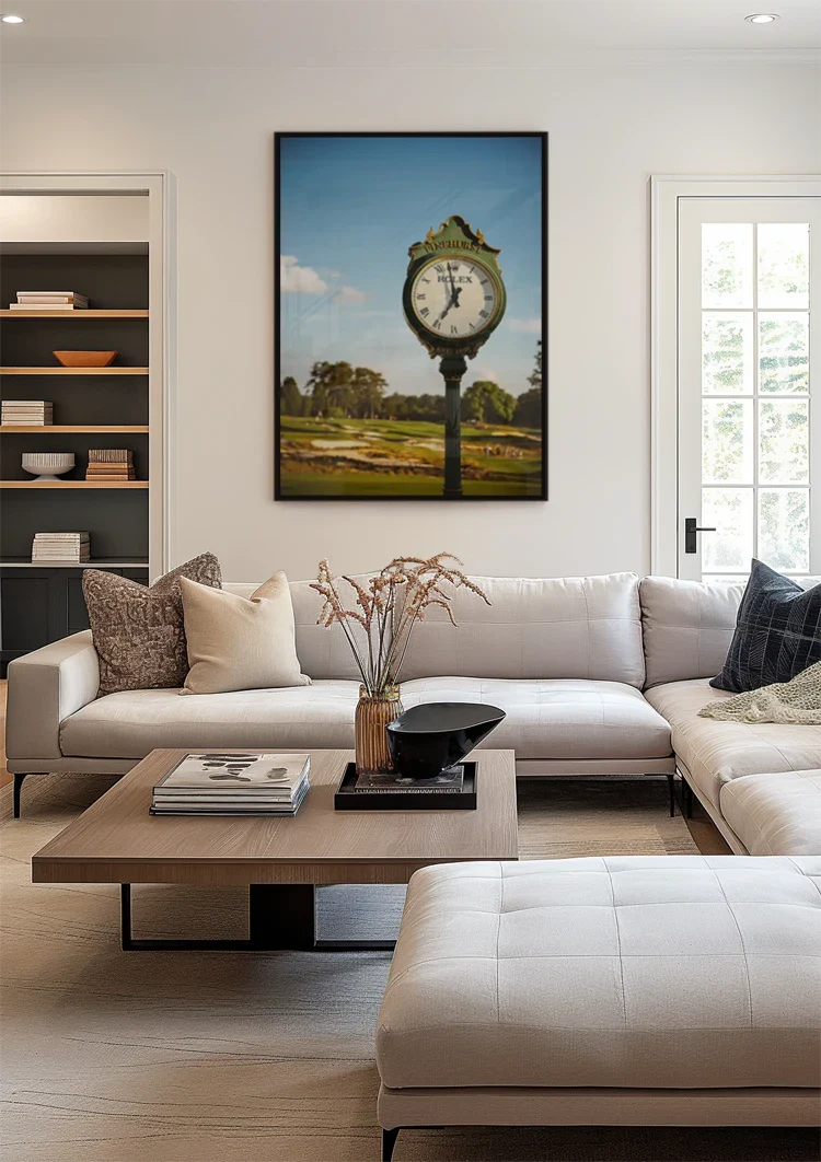 Elegante Straatklok Gouden Details Blauwe Lucht Luxe Schilderij