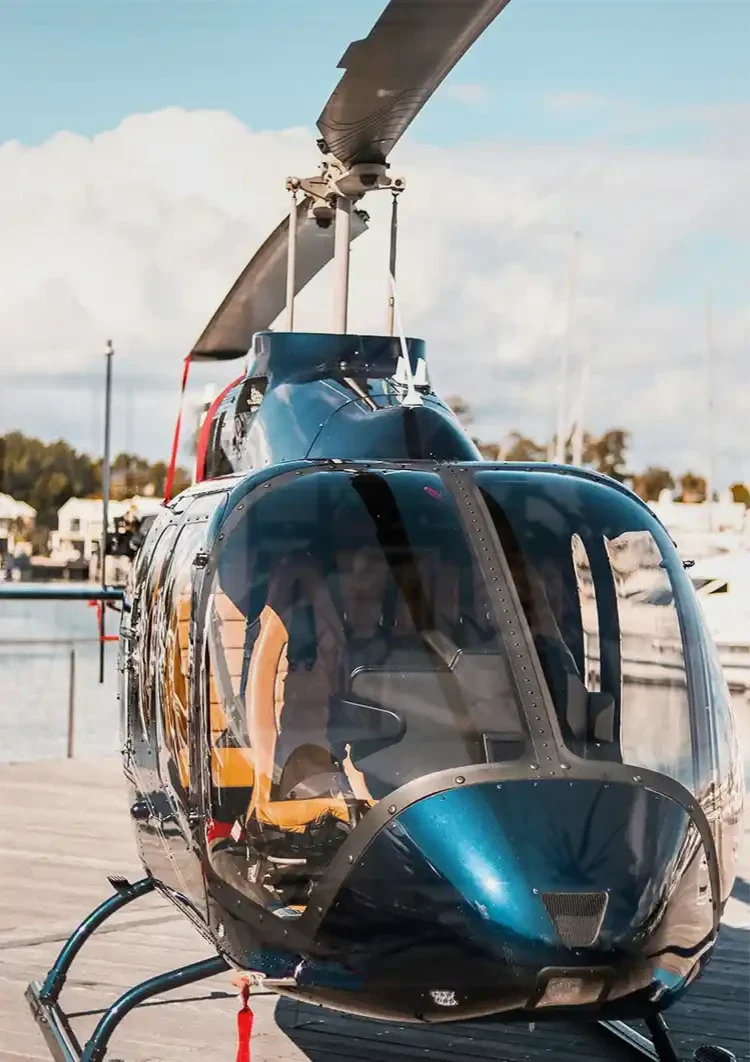 Shiny Helicopter on Wooden Dock by Calm Water Painting