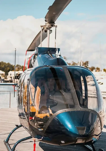 Shiny Helicopter on Wooden Dock by Calm Water Painting