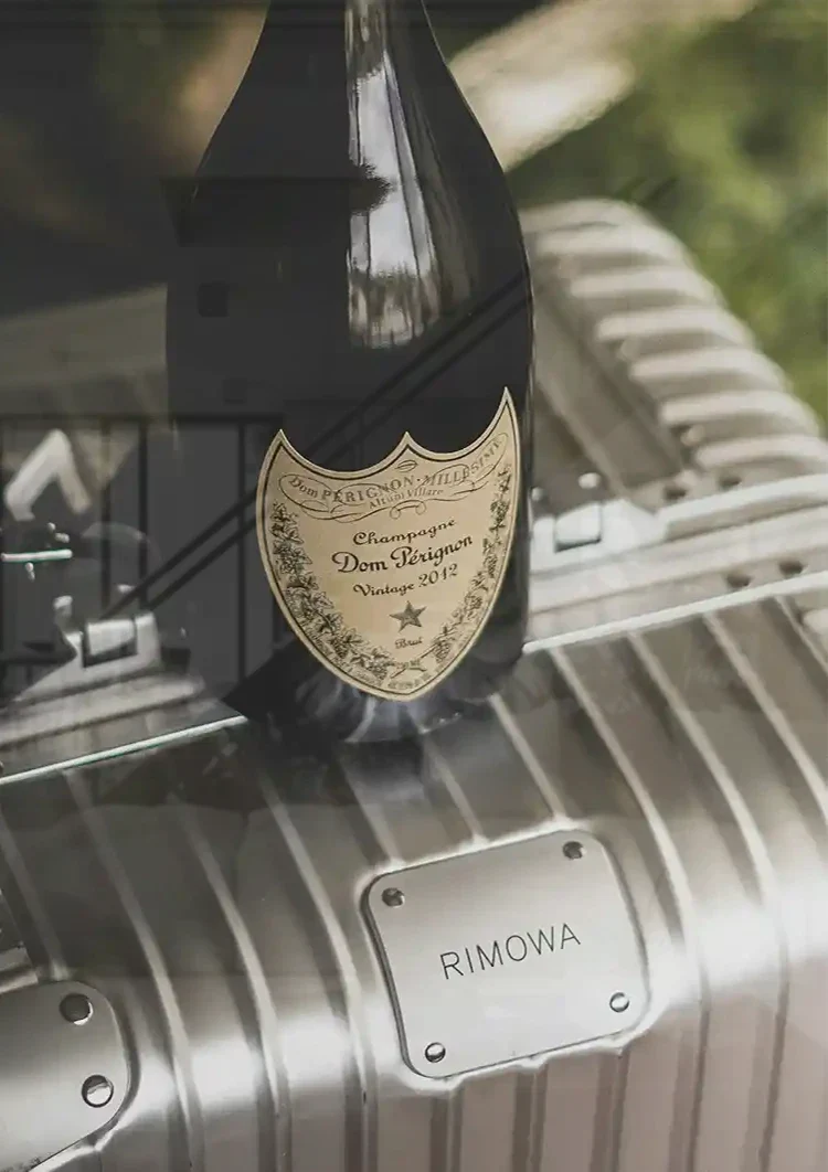 Silver RIMOWA Suitcase with Champagne Bottle Luxury Painting