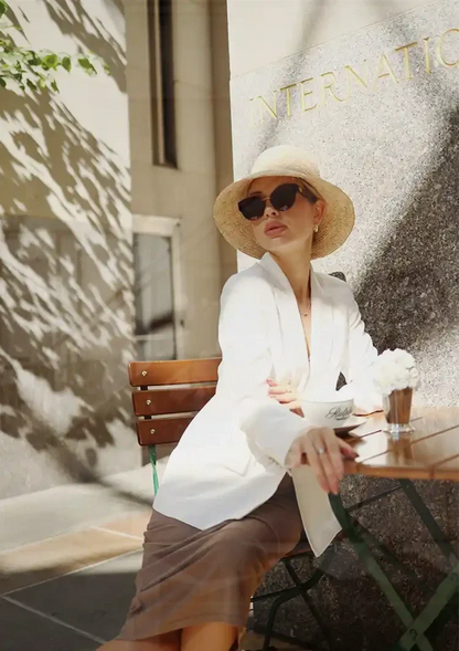 Elegant Lady in White Outfit on Terrace with Sunglasses Painting