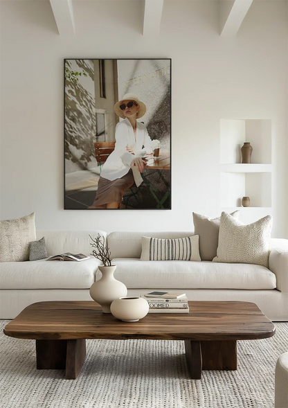 Elegant Lady in White Outfit on Terrace with Sunglasses Painting