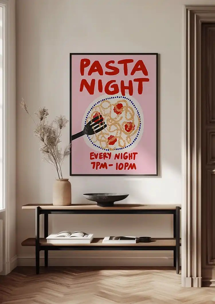 Pasta Night Retro Poster Pink Background Playful Illustration Italian Food Painting