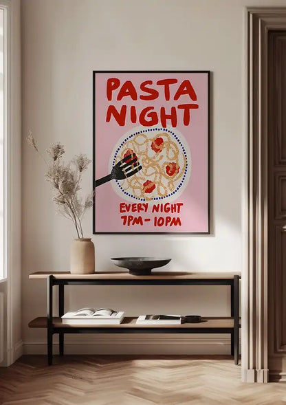 Pasta Night Retro Poster Pink Background Playful Illustration Italian Food Painting