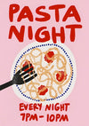 Pasta Night Retro Poster Pink Background Playful Illustration Italian Food Painting