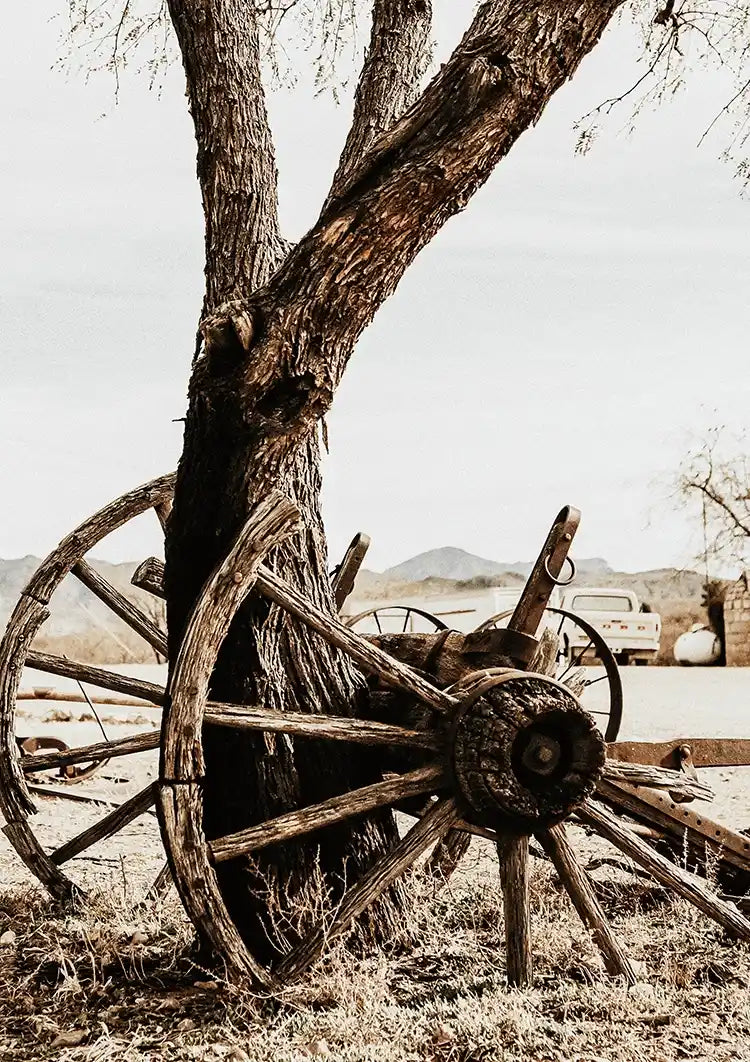 Old Wooden Wagon Wheel Tree Desert Vintage Rustic Painting