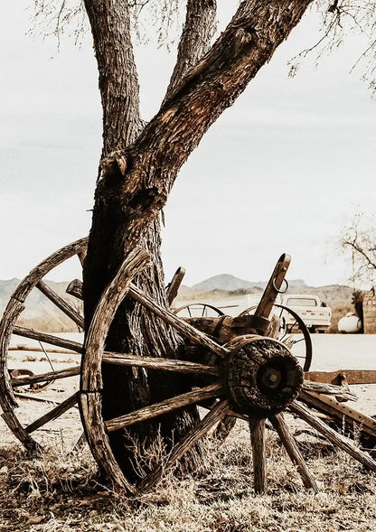 Old Wooden Wagon Wheel Tree Desert Vintage Rustic Painting