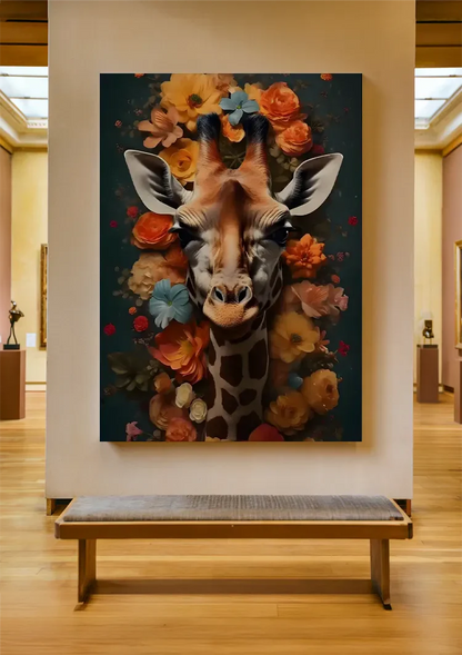Giraf Hoofd Kleurrijke Bloemen Donkerblauw Schilderij